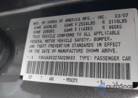 2007 Acura Tl 3.2 from USA, damaged, VIN 19UUA66227A029693